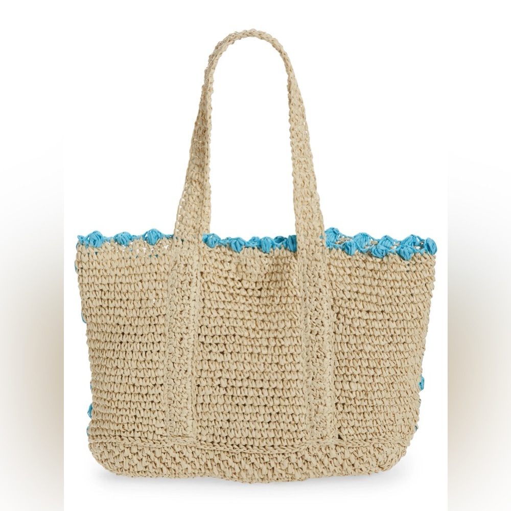 btb Los Angeles Lisbeth Pompom Straw Tote Beach Bag with contrast trim in aqua
